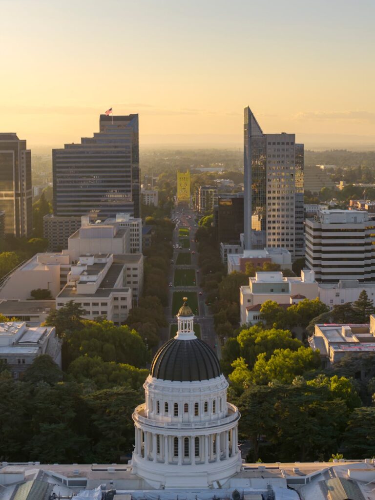 sacramento skyline with california capitol building at sunset