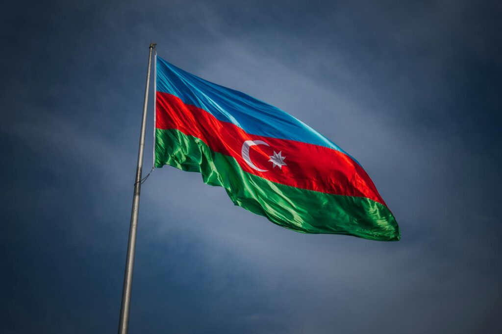 azerbaijan national flag waving in the sky